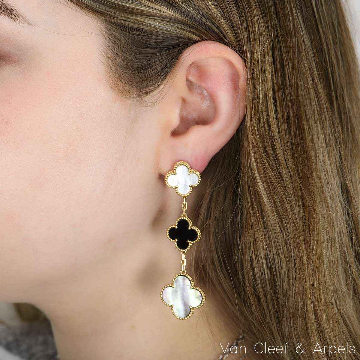 Van Cleef & Arpels Yellow Gold Mother of Pearl & Onyx Magic Alhambra Earrings VCARD79000